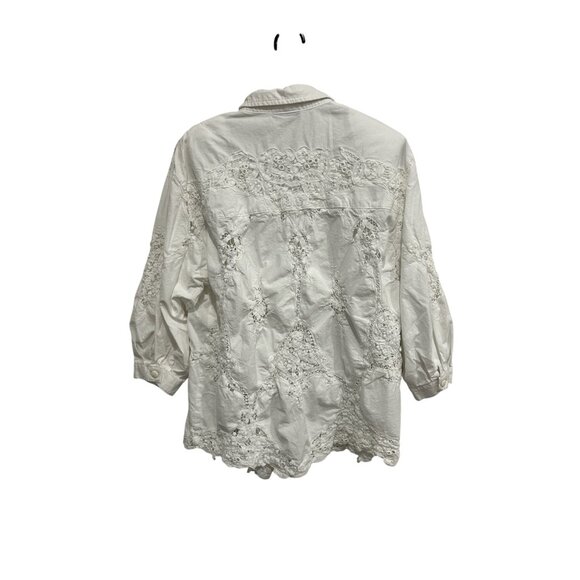 LIMS Lace Button Front Shirt White Collared 3/4 Sleeve Career Bohemian Artsy - Picture 2 of 8